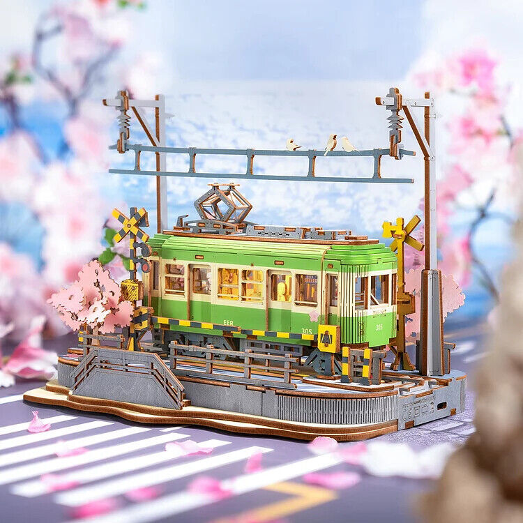 Rolife  Sakura Journey Tram Car 3D Wooden Puzzle Model Toys Teens Gift