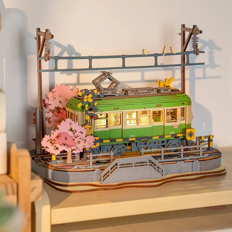 Rolife  Sakura Journey Tram Car 3D Wooden Puzzle Model Toys Teens Gift